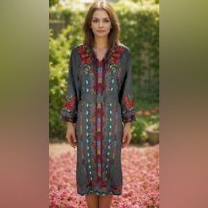 JOHNNY WAS Grey Linen Dress Belted Colorful V Neck MIDI Maxi Embroidered Medium